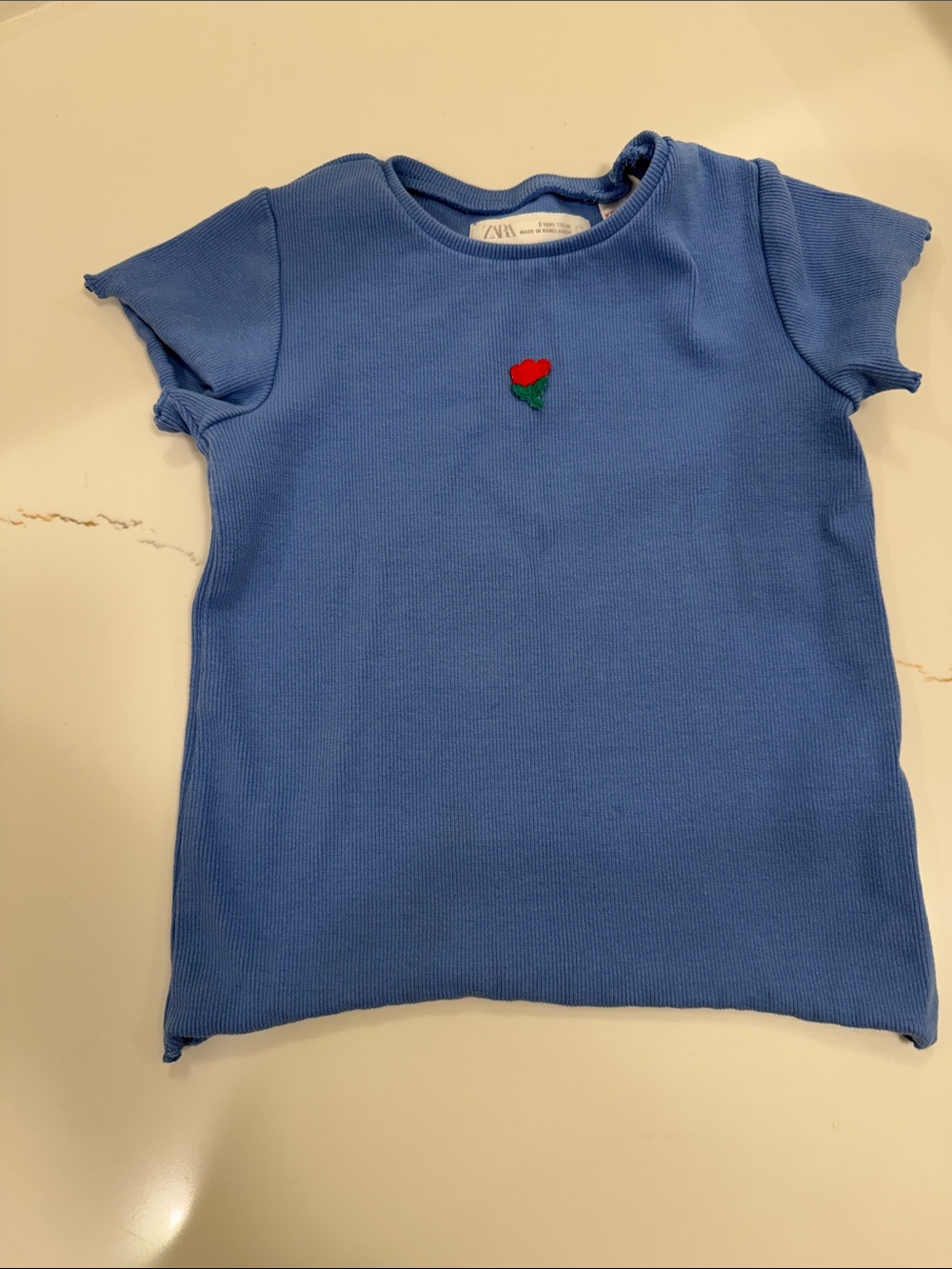 Zara Blue Ribbed Tee with Red Rose Embroidery
